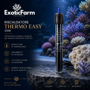 Blu Bios Thermo 25 W è un riscaldatore compatto con termostato interno, ideale per acquari d'acqua dolce e marina fino a circa 25 litri netti.
