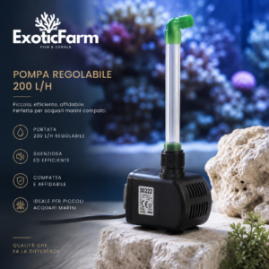Pompa regolabile da 200 l/h per piccoli acquari, completa di curva a L e tubo. Ideale per Starter Kit Betta e sistemi marini Mini e Medium.