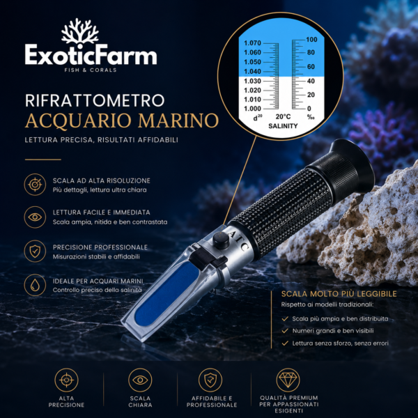 Rifrattometro per acquario marino con scala ampia, accurata e facile da leggere. Ideale per controllare la salinità della vasca in pochi secondi.