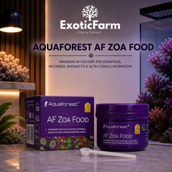 Aquaforest AF Zoa Food 30 g è un alimento in polvere con vitamine per Zoanthus, Ricordea, Rhodactis e coralli fungo, ideale per acquari reef.
