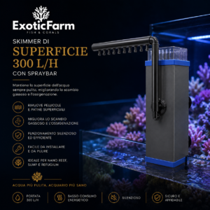 Skimmer di superficie con spray bar per acquario marino. Riduce le patine e distribuisce il flusso per favorire movimento, scambio gassoso e ossigenazione.